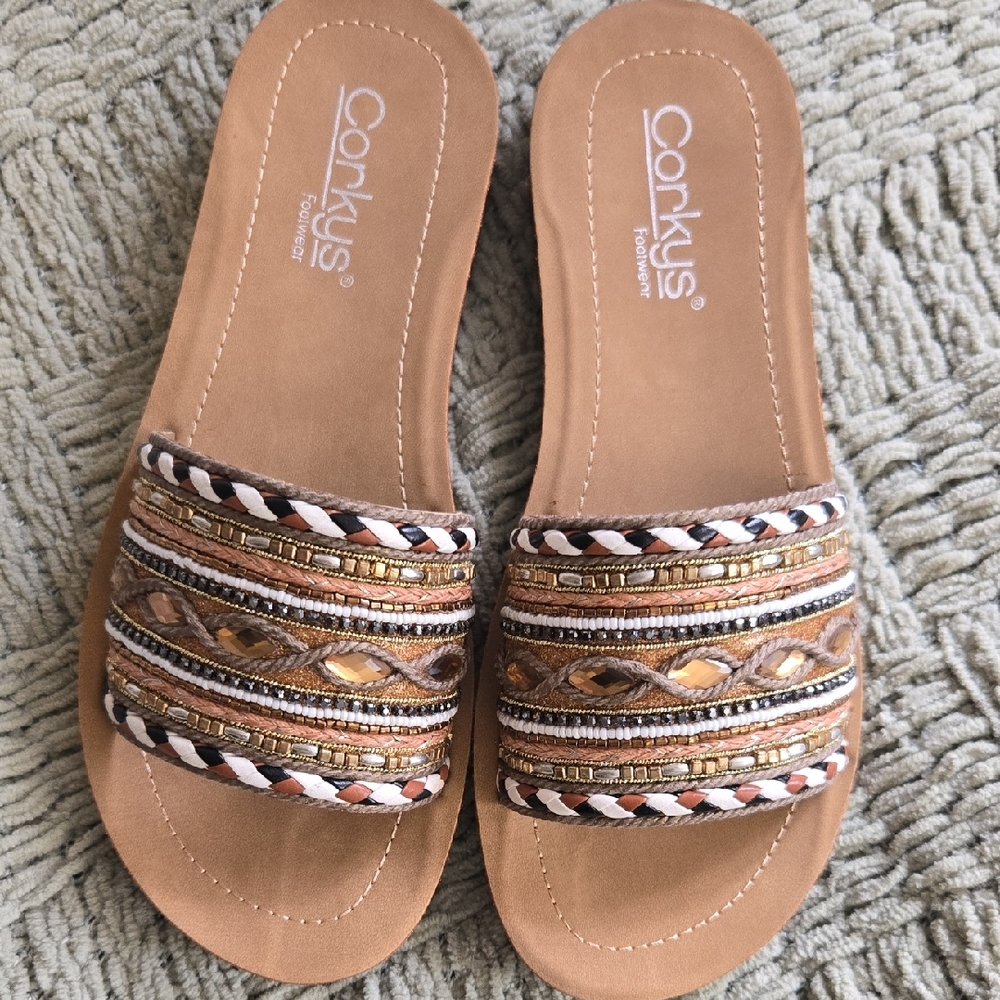 Corkys Tan and Gold Beaded Sandals